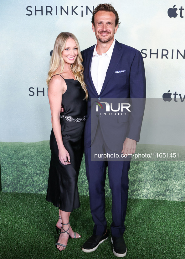 Kayla Radomski and Jason Segel arrive at the World Premiere Of Apple TV+ Series' 'Shrinking' Season 2 held at the Pacific Design Center on O...