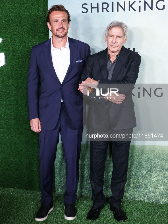 Jason Segel and Harrison Ford arrive at the World Premiere Of Apple TV+ Series' 'Shrinking' Season 2 held at the Pacific Design Center on Oc...