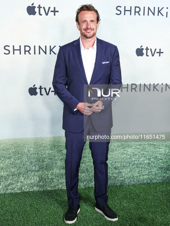 Jason Segel arrives at the World Premiere Of Apple TV+ Series' 'Shrinking' Season 2 held at the Pacific Design Center on October 8, 2024 in...