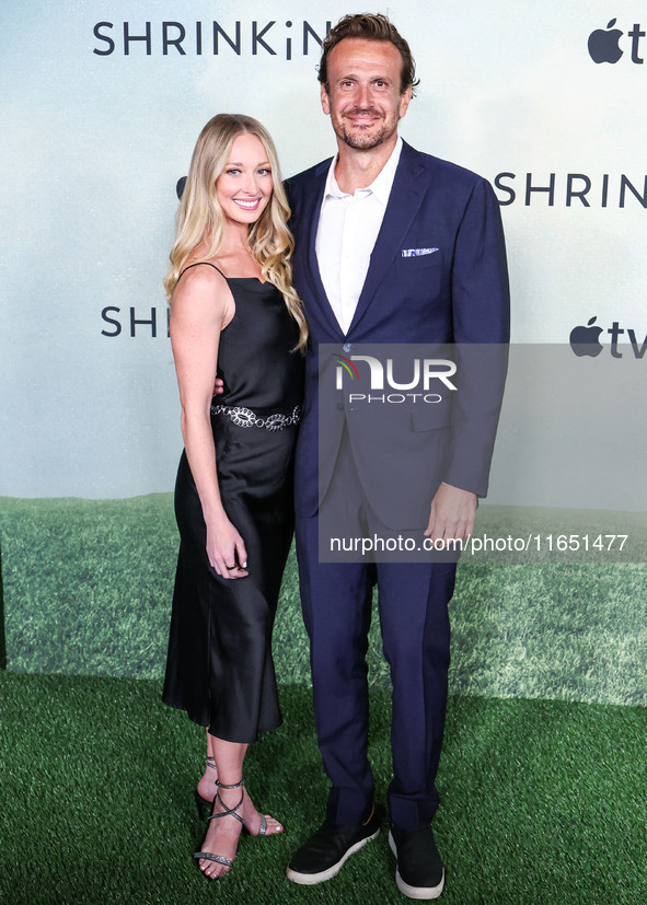 Kayla Radomski and Jason Segel arrive at the World Premiere Of Apple TV+ Series' 'Shrinking' Season 2 held at the Pacific Design Center on O...