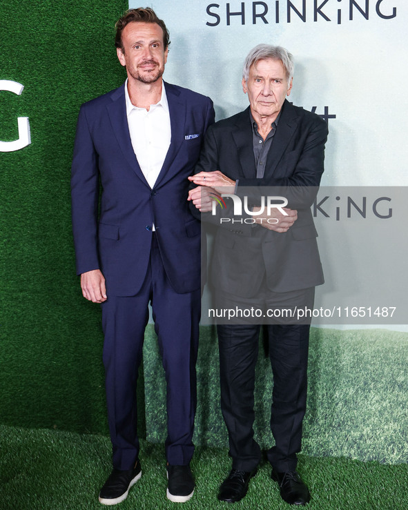 Jason Segel and Harrison Ford arrive at the World Premiere Of Apple TV+ Series' 'Shrinking' Season 2 held at the Pacific Design Center on Oc...