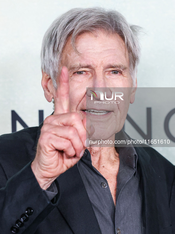 Harrison Ford arrives at the World Premiere Of Apple TV+ Series' 'Shrinking' Season 2 held at the Pacific Design Center on October 8, 2024 i...