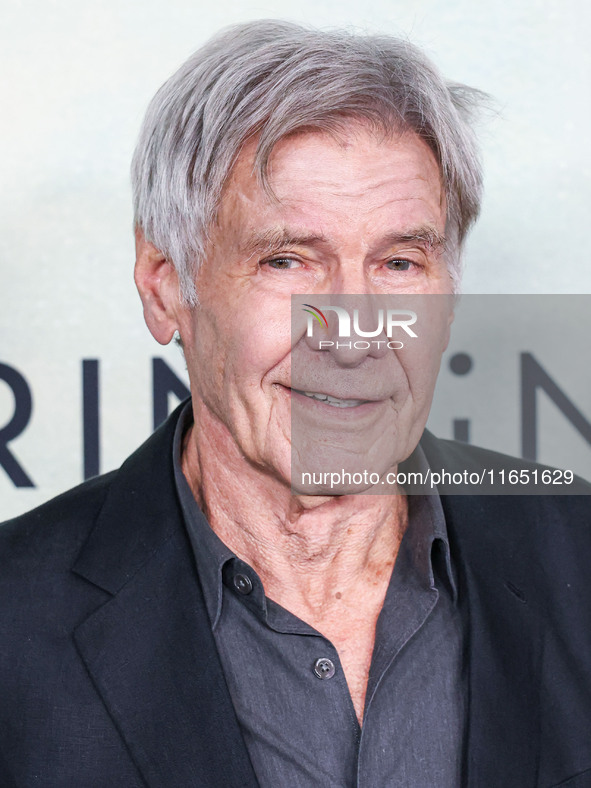 Harrison Ford arrives at the World Premiere Of Apple TV+ Series' 'Shrinking' Season 2 held at the Pacific Design Center on October 8, 2024 i...