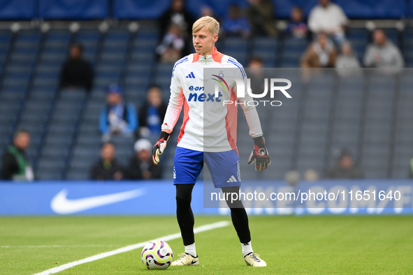 Aaron Bott of Nottingham Forest warms up ahead of kick-off during the Premier League match between Chelsea and Nottingham Forest at Stamford...