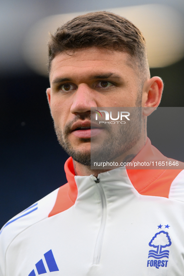 Morato of Nottingham Forest plays during the Premier League match between Chelsea and Nottingham Forest at Stamford Bridge in London, Englan...