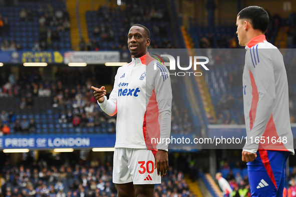 Willy Boly of Nottingham Forest gestures during the Premier League match between Chelsea and Nottingham Forest at Stamford Bridge in London,...