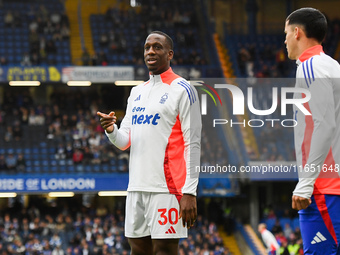 Willy Boly of Nottingham Forest gestures during the Premier League match between Chelsea and Nottingham Forest at Stamford Bridge in London,...