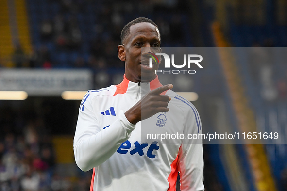 Willy Boly of Nottingham Forest gestures during the Premier League match between Chelsea and Nottingham Forest at Stamford Bridge in London,...