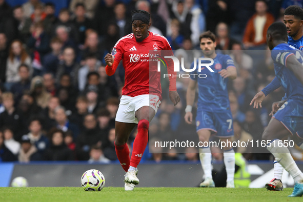 Anthony Elanga of Nottingham Forest is in action during the Premier League match between Chelsea and Nottingham Forest at Stamford Bridge in...