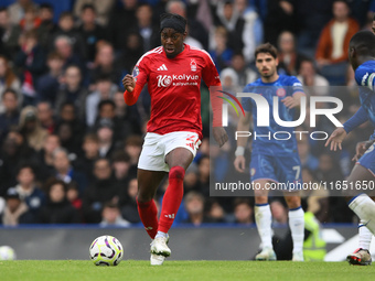 Anthony Elanga of Nottingham Forest is in action during the Premier League match between Chelsea and Nottingham Forest at Stamford Bridge in...