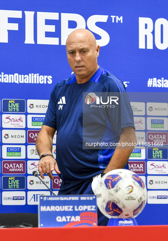 Qatar national team head coach Marquez Lopez attends a press conference at Al Thumama Stadium in Doha, Qatar, on October 9, 2024, ahead of t...