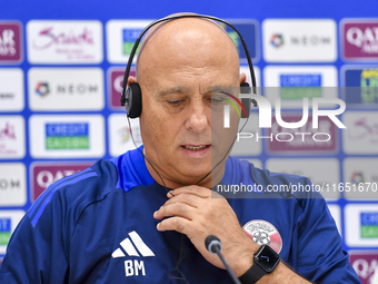 Qatar national team head coach Marquez Lopez attends a press conference at Al Thumama Stadium in Doha, Qatar, on October 9, 2024, ahead of t...