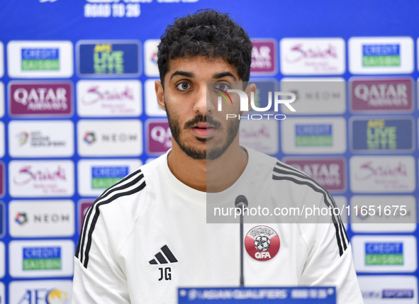 Qatar national team player Jassim Jaber attends a press conference at Al Thumama Stadium in Doha, Qatar, on October 9, 2024, ahead of the FI...