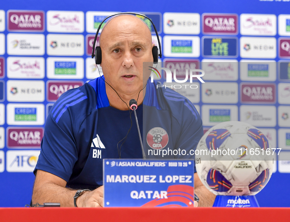 Qatar national team head coach Marquez Lopez attends a press conference at Al Thumama Stadium in Doha, Qatar, on October 9, 2024, ahead of t...