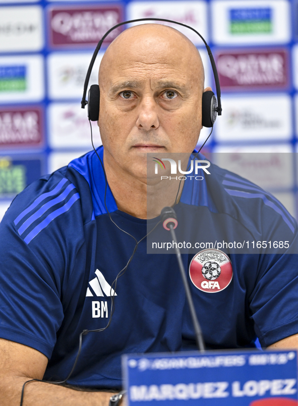 Qatar national team head coach Marquez Lopez attends a press conference at Al Thumama Stadium in Doha, Qatar, on October 9, 2024, ahead of t...