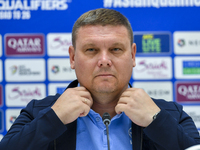 Kyrgyzstan National team Head Coach Maksim Lisitsyn attends a press conference at Al Thumama Stadium in Doha, Qatar, on October 9, 2024, ahe...