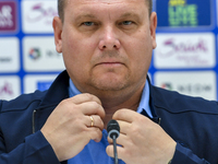 Kyrgyzstan National team Head Coach Maksim Lisitsyn attends a press conference at Al Thumama Stadium in Doha, Qatar, on October 9, 2024, ahe...