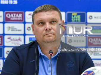 Kyrgyzstan National team Head Coach Maksim Lisitsyn attends a press conference at Al Thumama Stadium in Doha, Qatar, on October 9, 2024, ahe...