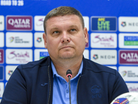 Kyrgyzstan National team Head Coach Maksim Lisitsyn attends a press conference at Al Thumama Stadium in Doha, Qatar, on October 9, 2024, ahe...