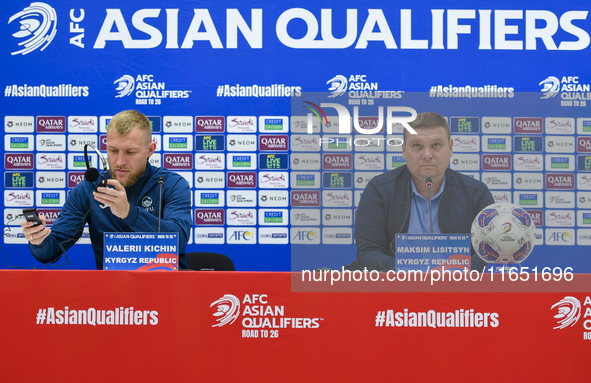 Kyrgyzstan National team Head Coach Maksim Lisitsyn and player Valerii Kichin attend a press conference at Al Thumama Stadium in Doha, Qatar...