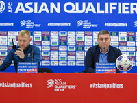 Kyrgyzstan National team Head Coach Maksim Lisitsyn and player Valerii Kichin attend a press conference at Al Thumama Stadium in Doha, Qatar...