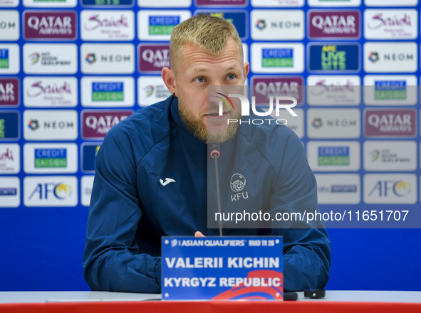 Kyrgyzstan National team player Valerii Kichin attends a press conference at Al Thumama Stadium in Doha, Qatar, on October 9, 2024, ahead of...