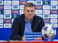 Kyrgyzstan National team Head Coach Maksim Lisitsyn attends a press conference at Al Thumama Stadium in Doha, Qatar, on October 9, 2024, ahe...