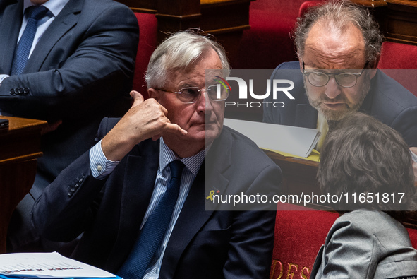 Prime Minister Michel Barnier is at the National Assembly on the day of the no-confidence vote against his government in Paris, France, on O...