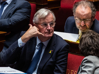 Prime Minister Michel Barnier is at the National Assembly on the day of the no-confidence vote against his government in Paris, France, on O...