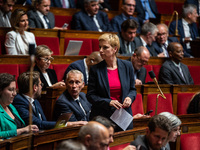 Clementine Autin, deputy of the Ecologists and Socialists group, sits among the benches of the General Assembly, the French Parliament, on t...