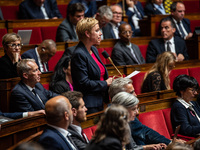 Clementine Autin, deputy of the Ecologists and Socialists group, sits among the benches of the General Assembly, the French Parliament, on t...