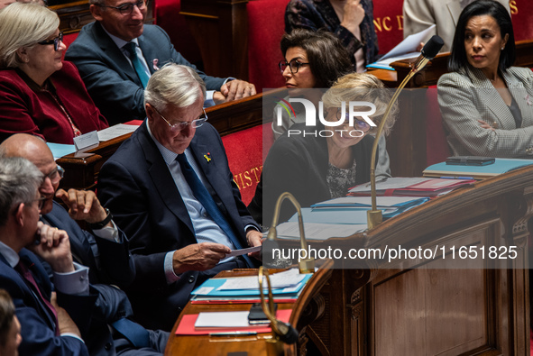 Nathalie Delattre, Minister attached to the Prime Minister, responsible for Relations with Parliament, sits in the front row of the governme...