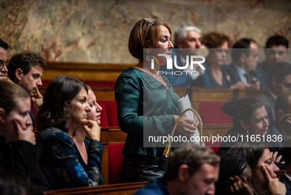 Zahia Hamdane, MP La France Insoumise, is in Parliament on the day of the no-confidence motion against Prime Minister Michel Barnier in Pari...