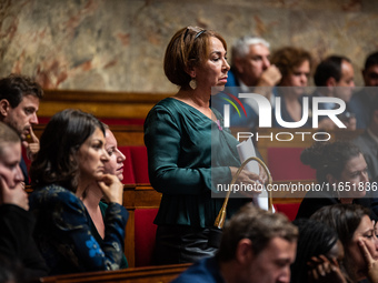 Zahia Hamdane, MP La France Insoumise, is in Parliament on the day of the no-confidence motion against Prime Minister Michel Barnier in Pari...