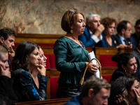 Zahia Hamdane, MP La France Insoumise, is in Parliament on the day of the no-confidence motion against Prime Minister Michel Barnier in Pari...