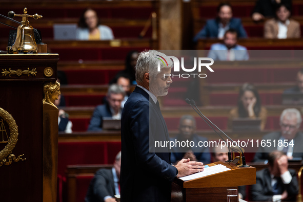 Laurent Wauquiez, president of the Droite Republicaine group, delivers his speech in support of PM Michel Barnier on the day of the no-confi...