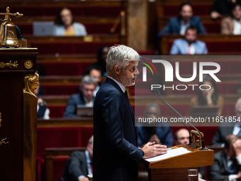 Laurent Wauquiez, president of the Droite Republicaine group, delivers his speech in support of PM Michel Barnier on the day of the no-confi...