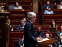 Laurent Wauquiez, president of the Droite Republicaine group, delivers his speech in support of PM Michel Barnier on the day of the no-confi...