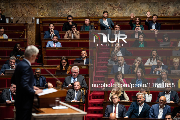 Laurent Wauquiez, president of the Droite Republicaine group, delivers his speech in support of PM Michel Barnier on the day of the no-confi...