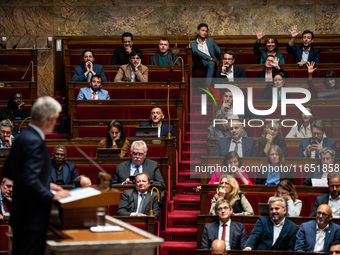 Laurent Wauquiez, president of the Droite Republicaine group, delivers his speech in support of PM Michel Barnier on the day of the no-confi...