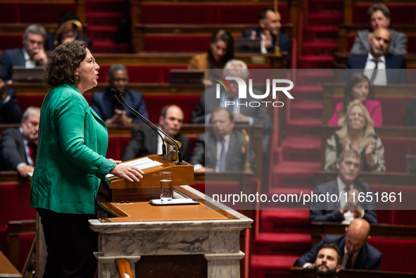 Cyrielle Chatelain, president of the Ecologist and Socialist group, delivers her speech against PM Michel Barnier on the day of the no-confi...