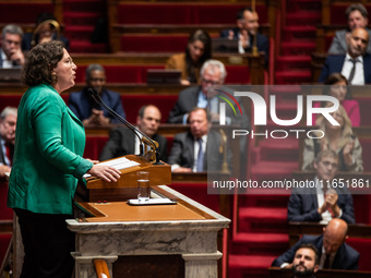 Cyrielle Chatelain, president of the Ecologist and Socialist group, delivers her speech against PM Michel Barnier on the day of the no-confi...