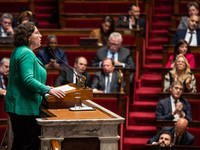 Cyrielle Chatelain, president of the Ecologist and Socialist group, delivers her speech against PM Michel Barnier on the day of the no-confi...