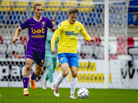 Go Ahead Eagles player Finn Stokkers and RKC player Luuk Wouters participate in the friendly match between RKC and Go Ahead Eagles at the Ma...