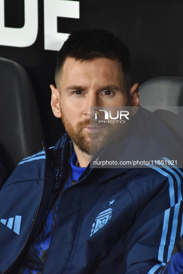 Lionel Messi of Argentina sits on the bench before a World Cup Qualifiers match between Argentina and Paraguay at Estadio Mas Monumental Ant...