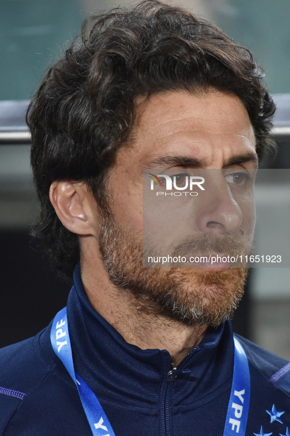 Pablo Aimar, assistant coach of Argentina, stands before a World Cup Qualifiers match between Argentina and Paraguay at Estadio Mas Monument...