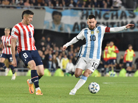 Lionel Messi of Argentina participates in a World Cup Qualifiers match between Argentina and Paraguay at Estadio Mas Monumental Antonio Vesp...