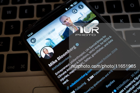 The Twitter (X) profile of Mike Bloomberg displays on a smartphone screen in Athens, Greece, on October 9, 2024. (Photo Illustration by Niko...