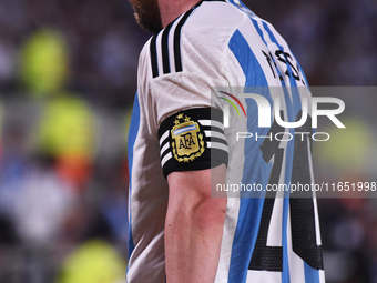 Lionel Messi, captain of Argentina, participates in an International Friendly match between Argentina and Panama at Estadio Mas Monumental A...