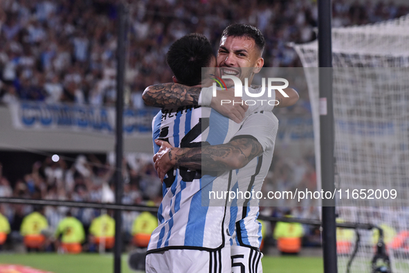 Leandro Paredes and Thiago Almada of Argentina celebrate their team's goal in an International Friendly match between Argentina and Panama a...